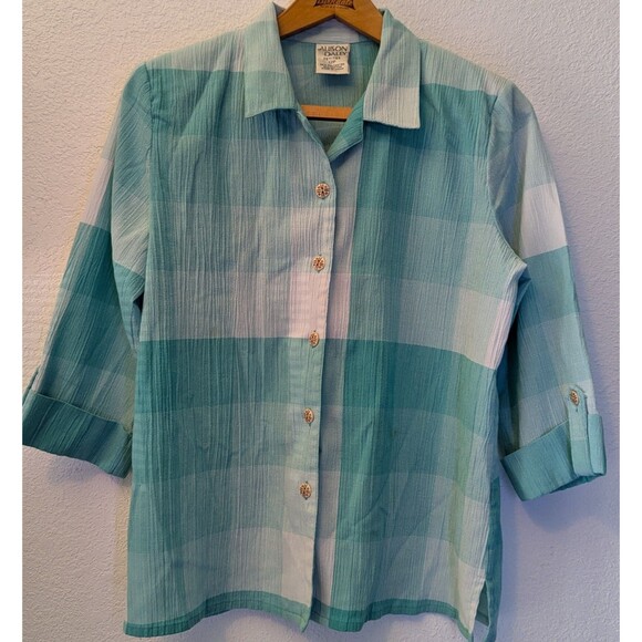 Allison Daley Green & White Button Up 3/4 Sleeve Button Up Size 12p (51m) - Picture 1 of 3